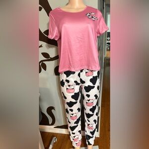 Women Pink Cow-Print Pajama Set - Soft Cotton Sleepwear